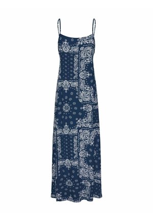 Robe maxi bleu marine sans manches avec fines bretelles, avec un motif patchwork paisley et floral blanc.