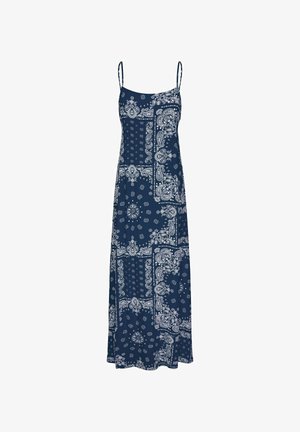 Robe maxi bleu marine sans manches avec fines bretelles, avec un motif patchwork paisley et floral blanc.