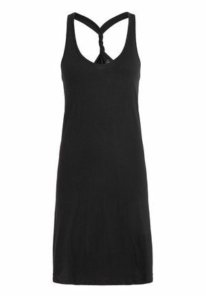 Black sleeveless dress made of soft fabric, featuring a deep V-neck and crisscrossed straps at the back. Simple design with a straight silhouette.