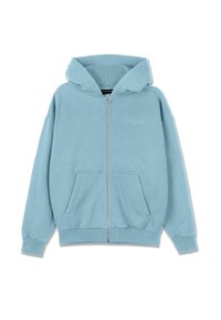 Világoskék, cipzáros kapucnis pulóver, puha pamutból készült, kapucnival, kenguru zsebekkel, valamint bordázott mandzsettákkal és alsó szegéllyel. Diszkrét logóval a mellkason.