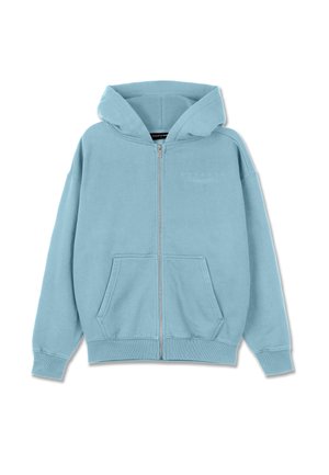 Svetlomodrá mikina na zips vyrobená z mäkkej bavlny, s kapucňou, klokankovými vreckami a rebrovanými manžetami a lemom. Jemné logo na hrudi.