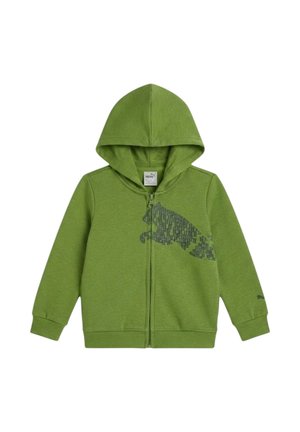Felpa verde con cappuccio e zip, maniche lunghe e una grafica stilizzata di puma verde scuro sul petto sinistro e sul polsino della manica.