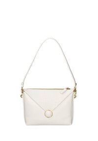 Borsa bianca con texture intrecciata sul risvolto superiore, dettagli dorati, chiusura con zip e una sola tracolla. Forma rettangolare con lati lisci.