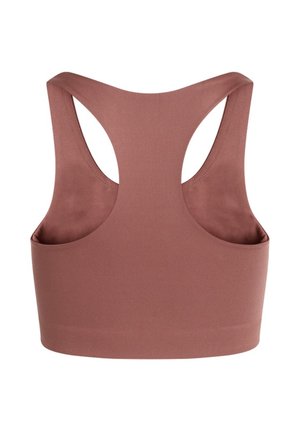 Ruskea urheiluliivihihna, jossa on sileä, venyvä kangas. Sisältää racerback-mallin ja leveän nauhan alapuolella tuen lisäämiseksi.