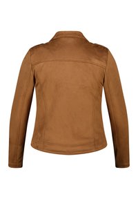 Bruine suède jas met een kraag, lange mouwen en een getailleerde pasvorm. Zachte textuur met minimale stikseldetails op de achterkant.