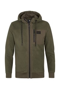 Olijfgroene hoodie van zachte fleece, met een ritsafsluiting, capuchon met trekkoord, een zak op de buik en ribgebreide manchetten en zoom.