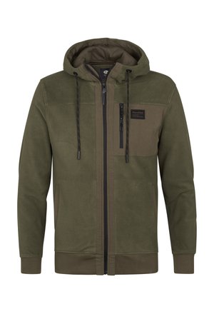 Olijfgroene hoodie van zachte fleece, met een ritsafsluiting, capuchon met trekkoord, een zak op de buik en ribgebreide manchetten en zoom.