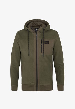 Hanorac verde măsliniu din fleece moale, cu închidere prin fermoar, glugă cu șnur, buzunar aplicat și manșete și tiv ribbate.