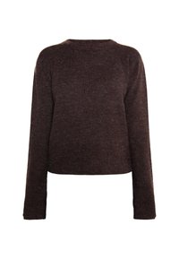 Brązowy sweter dzianinowy, okrągły dekolt, długie rękawy, krótki krój, miękka tekstura, równomierne rozkładanie koloru, brak widocznych wzorów lub ozdób.