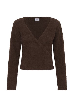 Bruine, lang mouwen wikkeltop van textuurstof met een v-hals en een aansluitende vorm. Heeft een cropped lengte en een zachte afwerking.