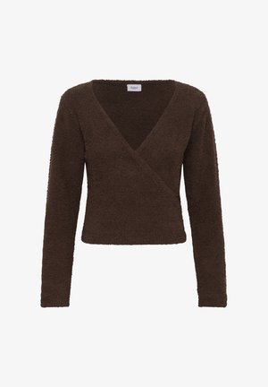 Haut en wrap marron à manches longues, fabriqué en tissu texturé, avec un col en V et une coupe ajustée. Présente une longueur cropped et une finition douce.