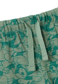 Groene shorts van een met patroon bedekt stof met cartoonfiguren. Elastische tailleband met trekkoord. Zachte, lichte katoen stof.