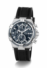 Montre chronographe pour homme noire et argent avec tachymètre, affichage de la date, trois sous-cadrans et bracelet en caoutchouc noir texturé.