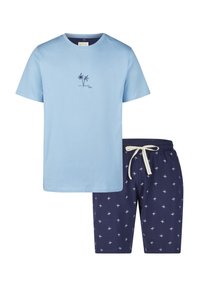 Světle modré bavlněné tričko s výšivkou palmy v kombinaci s námořnickými šortkami s bílými vzory palem a stahovacími šňůrkami v pase.