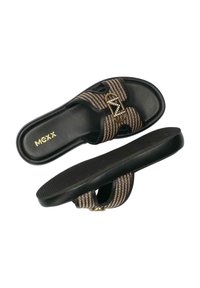 Sandali neri con cinturini in tessuto intrecciato, caratterizzati da un accento dorato e strass. Suola testurizzata per una presa e un comfort superiori.