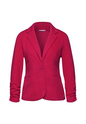 Veste rouge pour femme avec manches longues froncées, fermeture à bouton unique, revers crantés et deux poches avant.