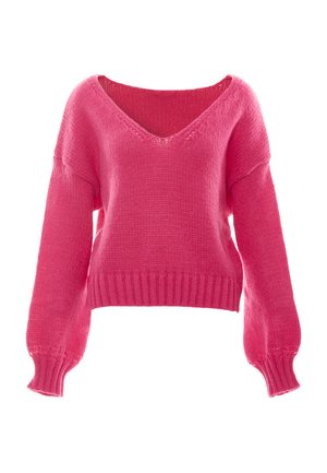 Maglione rosa lavorato a maglia con scollatura a V, maniche lunghe e bordo a costine. Texture morbida e vestibilità comoda. Presenta dettagli a maglia aperta sul colletto.