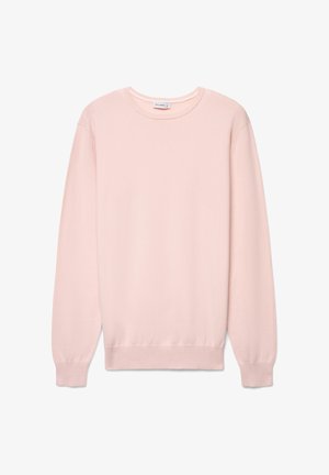 Pull en coton rose clair avec un col rond, des manches longues et des bordures côtelées aux poignets et à l'ourlet. Texture lisse, sans motifs ni ornements visibles.