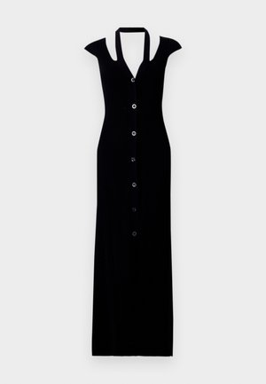 Black ribbed maxi dress with cap sleeves, button front, deep V-neck, and fitted silhouette. Smooth texture and sleek design.