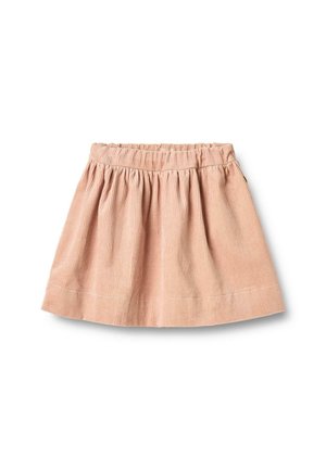 Jupe en velours côtelé rose clair avec taille élastique froncée et couture horizontale subtile près de l'ourlet, présentée sur fond blanc.