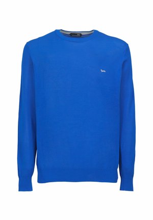 Maglione blu in materiale lavorato a maglia, con scollo rotondo, maniche lunghe e un piccolo logo sul petto.