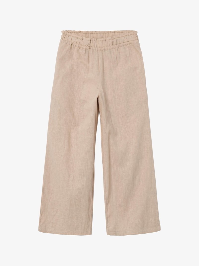 Pantaloni lejeri, largi, de culoare bej deschis, fabricați din in. Prezintă o talie elastică și un material texturat, respirabil. Fără buzunare sau detalii decorative.