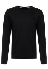 Schwarzes Langarm-T-Shirt aus Baumwolle mit Rundhalsausschnitt. Mit kleinem Logo auf der Brust und grafischem Text auf den Ärmeln.