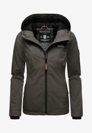 Veste zippée à capuche pour femme gris foncé avec doublure intérieure noire, poches avant zippées et logo Marikoo Mountain sur la poitrine.