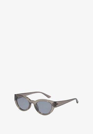 Kassisilmadega päikeseprillid läbipaistva halli raamiga, hallide läätsedega ja õhukeste, kõverate küljevarrastega, külgedel peene brändinguga.