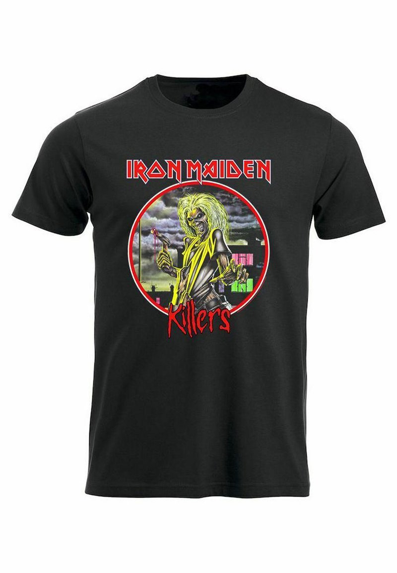 Černé bavlněné tričko s barevným grafickým motivem postavy s dlouhými žlutými vlasy, která drží zbraň, a okolo ní je text "Iron Maiden" a "Killers".