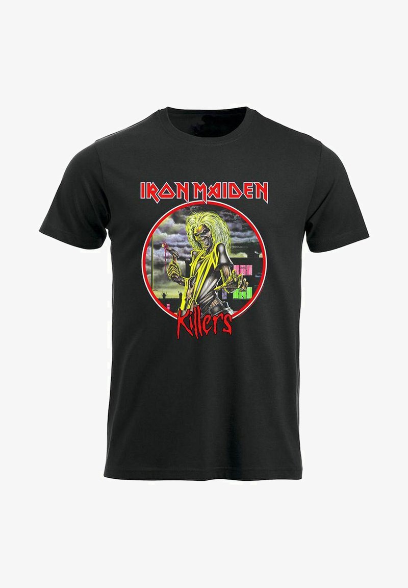 Svart bomull t-skjorte med en fargerik grafikk av en karakter med langt gult hår, som holder et våpen, rammet inn av teksten "Iron Maiden" og "Killers".