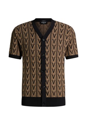Kurzärmlige braune und schwarze Strickjacke mit V-förmigem Strickmuster, schwarzer Knopfleiste und schwarzen Bündchen an Ärmeln, Ausschnitt und Saum.