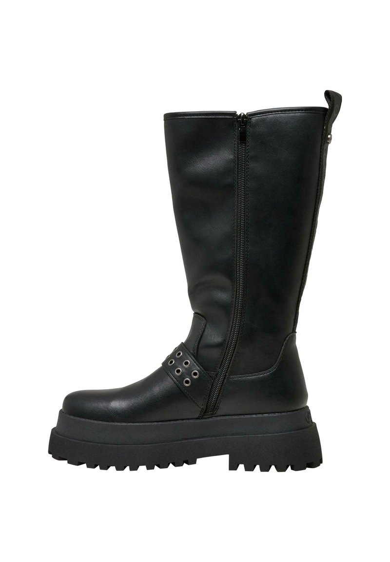 Botas negras hasta la rodilla hechas de material sintético suave con una suela de goma resistente, que cuentan con un cierre lateral y acentos metálicos decorativos.