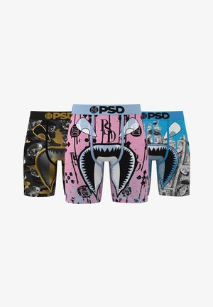 Set boxershorts met drie ontwerpen: zwarte camouflage met gouden accenten, roze met haaienafbeeldingen, en blauw met geldafdrukken; elastische tailleband.