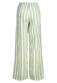 Striped wide-leg pants in green, white, and blue. Elastic waistband. Lightweight fabric with vertical stripes. Flared cut.