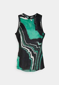 Top sin mangas en tela ligera con base negra y un patrón marmoleado abstracto en verde y blanco. Cuello redondeado, textura suave.