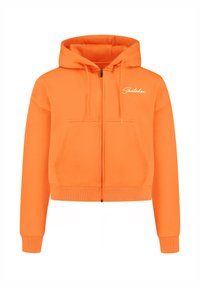 Haut de sweat à capuche zippé, coupé, de couleur orange vif. Doté d'une poche kangourou à l'avant et d'un logo brodé sur la poitrine gauche. Texture de tissu douce.