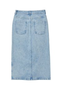 Jupe en denim bleu clair avec une coupe droite, couture avant et deux poches arrière. Dispose d'une taille standard avec passants de ceinture.