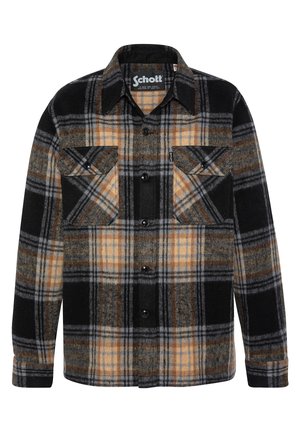 Flanellhemd in schwarzem, orangefarbenem und grauem Karomuster. Verfügt über zwei Brusttaschen, eine Knopfleiste und einen Kragen. Weiche Textur und warmes Material.