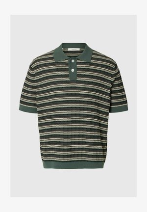 Kurzärmeliges Strick-Poloshirt mit grünem Kragen, Knopfleiste und horizontalen Streifen in Grün-, Beige- und Brauntönen.