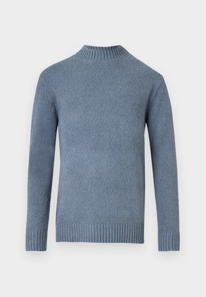 Long-sleeve blue knit sweater with ribbed mock neck, cuffs, and hem, displayed on a white background.