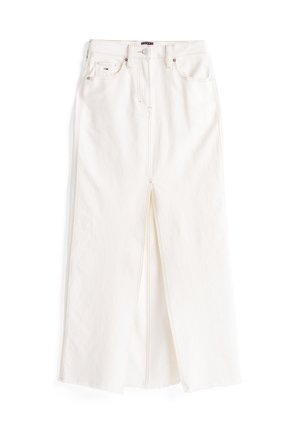 Witte denim rok met een voor-split, met een hoge taille, vijf zakken en zichtbare stiksels. Standaard snit met ruwe zoom.