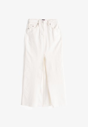 White denim skirt with a front slit, featuring a high waist, five-pocket design, and visible stitching. Standard cut with raw hem.