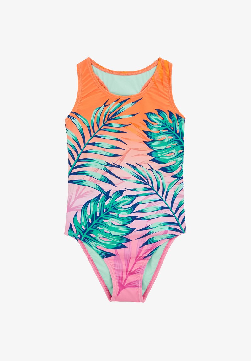 Enodelni kopalniški kostim v oranžni in roza barvi, z zelenim tropičnim listnim vzorcem. Gladek material z okroglim izrezom in visokimi izrezi na nogah.