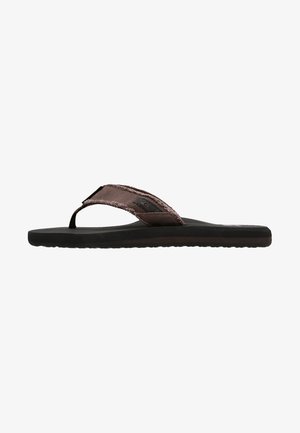 Brown flip-flop with a textured, fabric strap and a black rubber sole. The strap features a logo and a subtle sheen for added detail.