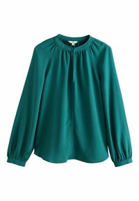 Bluză teal din material fin, cu decolteu rotund, mâneci lungi cu manșete elastice și o croială lejeră.