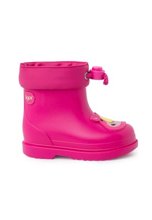 Bottes de pluie en caoutchouc roses avec un bout arrondi, un revers pliable et un visage de personnage décoratif sur le devant. Dotées d'une fermeture à cordon.