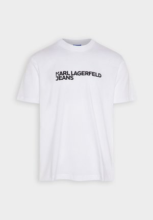Fehér pamut póló kerek nyakkal, fekete nyomtatott logós szöveggel "KARL LAGERFELD JEANS" a mellkason.