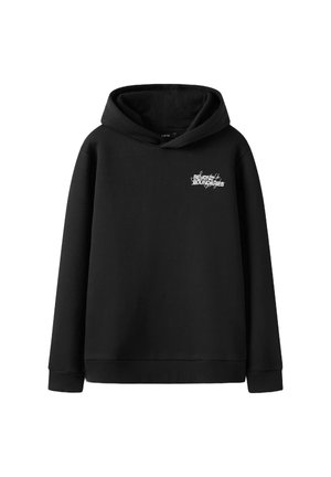 Felpa nera con cappuccio, tasca a marsupio, polsini e orlo a costine. Presenta un design grafico con testo bianco nella zona sinistra del petto. Tessuto morbido.