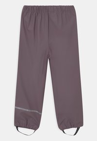 Paarse waterdichte broek met een elastische tailleband, reflecterende strips en verstelbare enkelsluitingen. Gladde textuur, ontspannen pasvorm ontwerp.